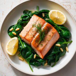 A seared salmon fillet on a bed of wilted spinach, garnished with lemon wedges and fresh herbs.