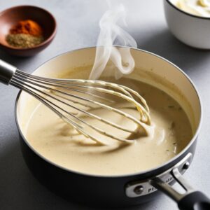 the creamy gravy being whisked in a small saucepan.