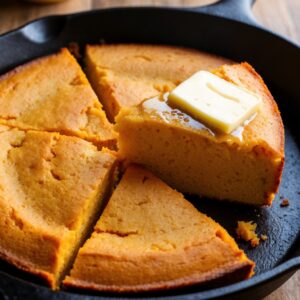 A golden-orange sweet potato cornbread in a cast-iron skillet with a slice cut