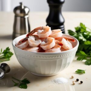 A beautifully styled kitchen counter with a stainless steel bowl at its center, containing a dozen succulent shrimp surrounded by a sprinkling of flaky sea salt and a few grinds of freshly ground pepper