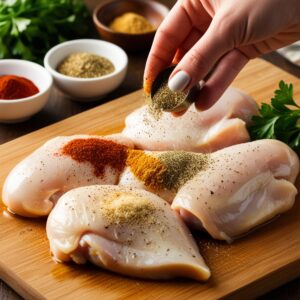 A hand is seen sprinkling paprika, garlic powder, onion powder, thyme, salt, and pepper evenly over the fillets.