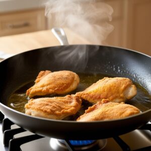large skillet on a stovetop, with four golden-brown chicken fillets sizzling in hot oil.