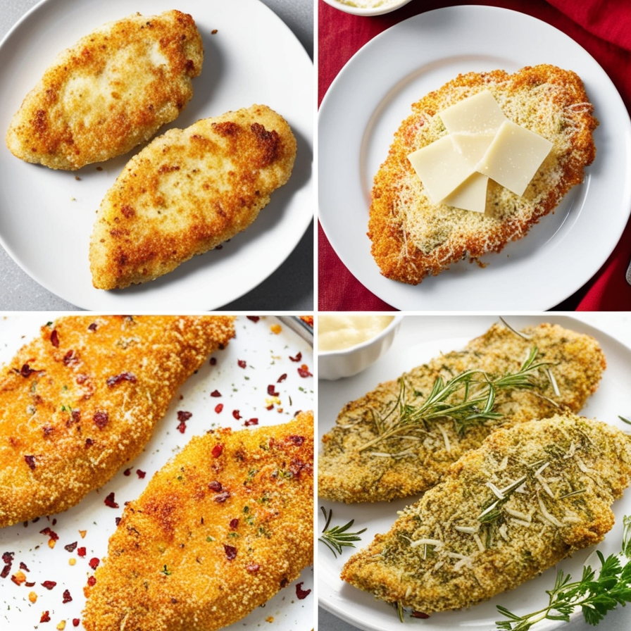 Four serving ideas for chicken cutlets: chicken parmesan, chicken sandwich, sliced cutlets on Caesar salad, and Mediterranean-style cutlets with yogurt and za'atar.