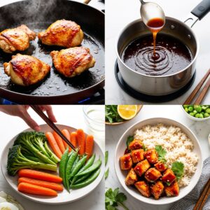 Dual image displaying steamed vegetables and glazed chicken alongside a fully assembled teriyaki chicken bowl with garnishes.