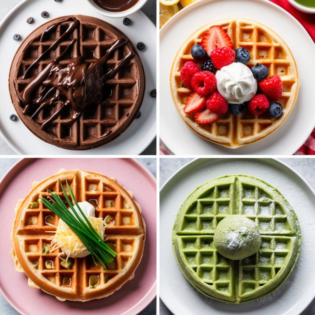 Four bubble waffle variations: chocolate with Nutella, fruity with berries, savory with herbs and cheese, and matcha green tea.