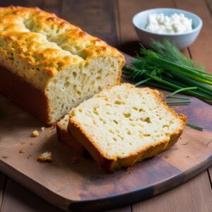 A golden-brown loaf of cottage cheese bread with slices cut to show its moist crumb, accompanied by a bowl of cottage cheese and fresh herbs.
