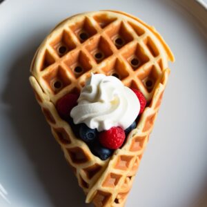 A golden-brown bubble waffle folded into a cone shape, filled with fresh berries and whipped cream.