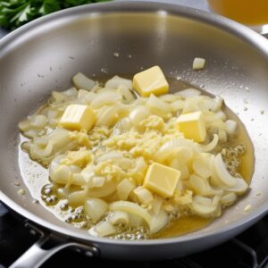 auté pan where onions and garlic are being cooked in melted butter.