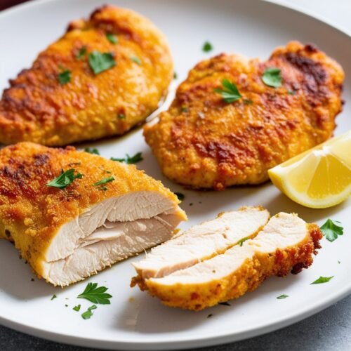 Golden-brown chicken cutlets garnished with parsley, with one cutlet cut open to show the juicy interior, accompanied by a lemon wedge.