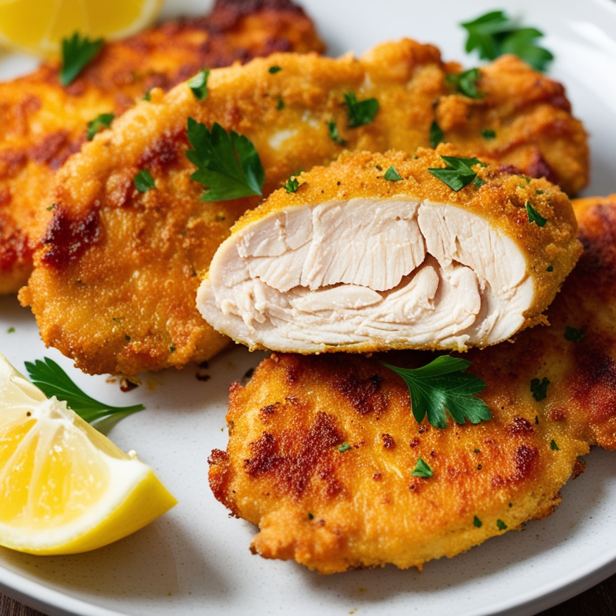 Golden-brown chicken cutlets garnished with parsley, with one cutlet cut open to show the juicy interior, accompanied by a lemon wedge.