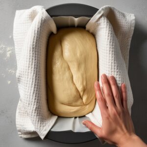 Dough rising in a greased loaf pan, covered with a kitchen towel.