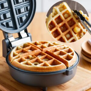 Bubble waffle cooking in a waffle maker, with golden-brown bubbles forming, and tongs ready to remove it.