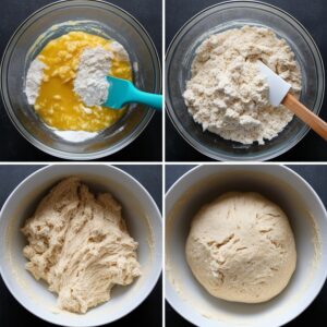 A bowl of cottage cheese bread dough with a spatula, highlighting the mixed ingredients before shaping.