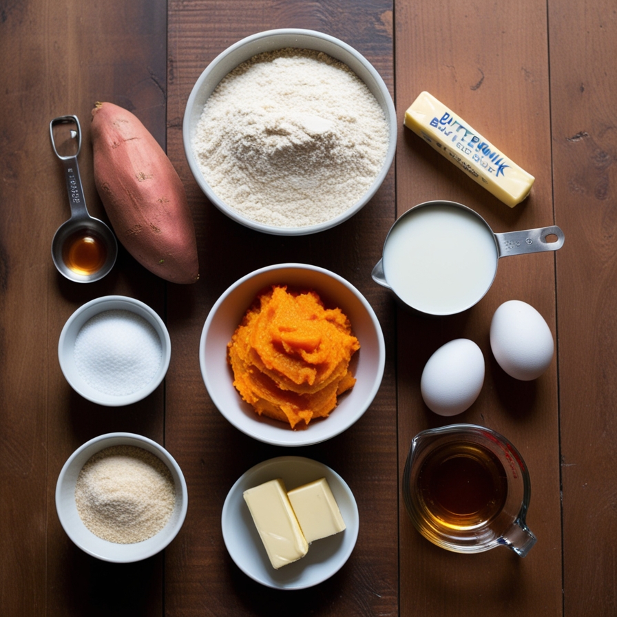 Ingredients for sweet potato cornbread laid out on a rustic wooden table, with vibrant mashed sweet potato in the center.