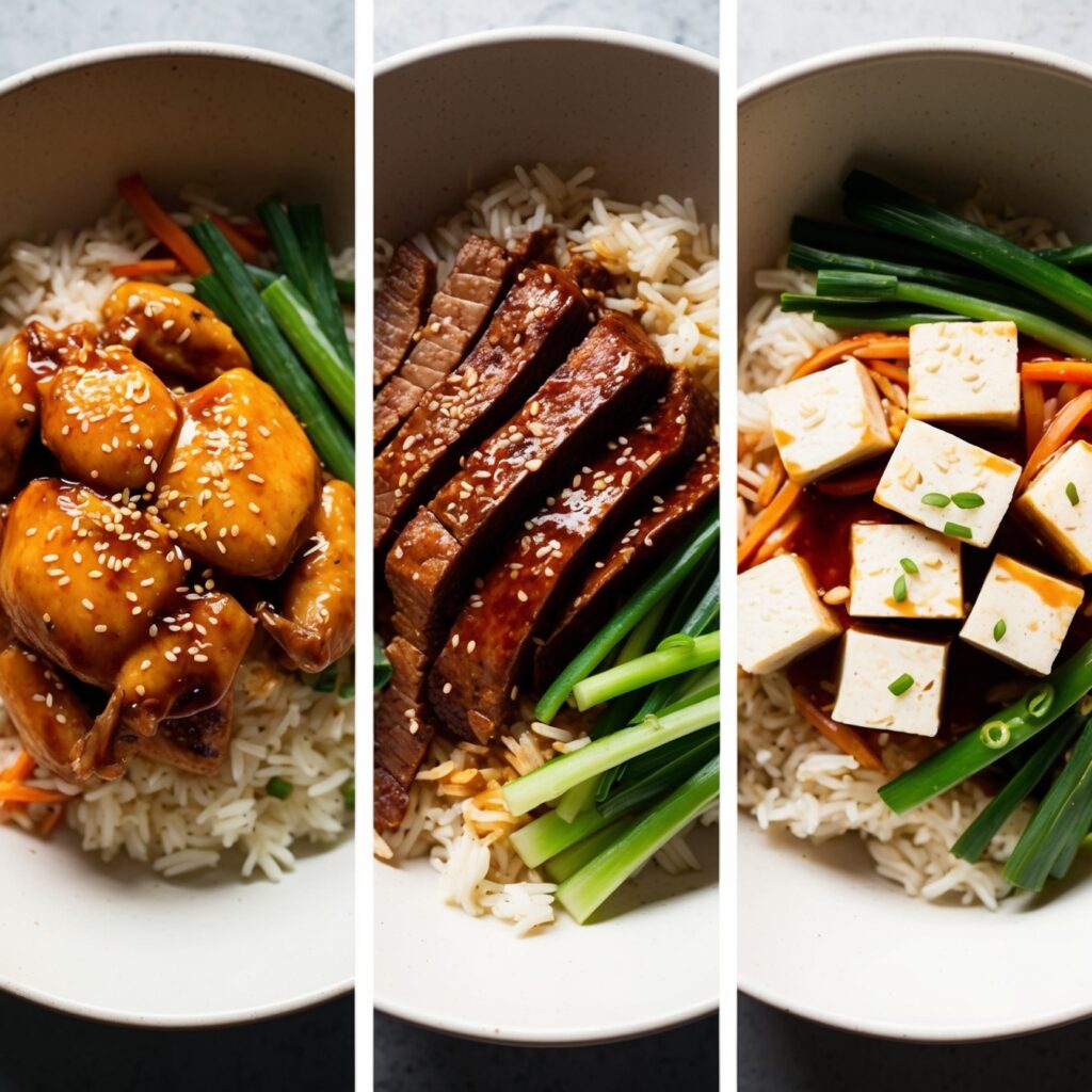 Triptych showing three teriyaki bowl variations: classic chicken, beef with thinly sliced meat, and tofu with cubed extra-firm tofu, all served with rice and vegetables.