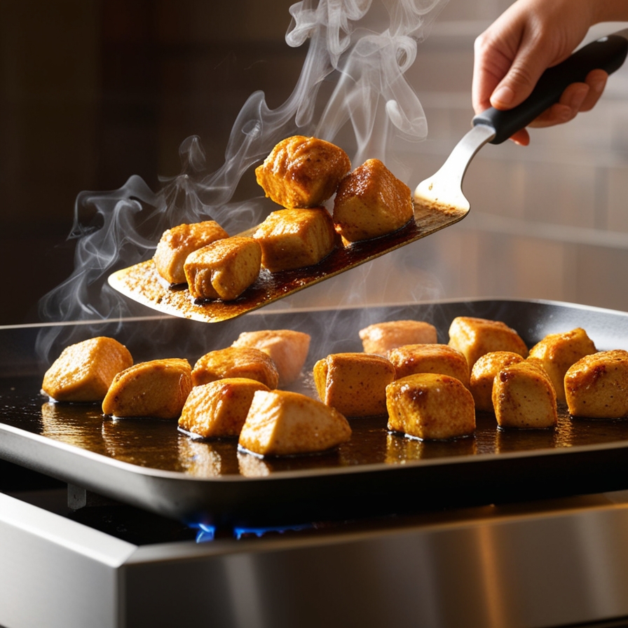 Marinated chicken cubes cooking and being flipped on a hot griddle.