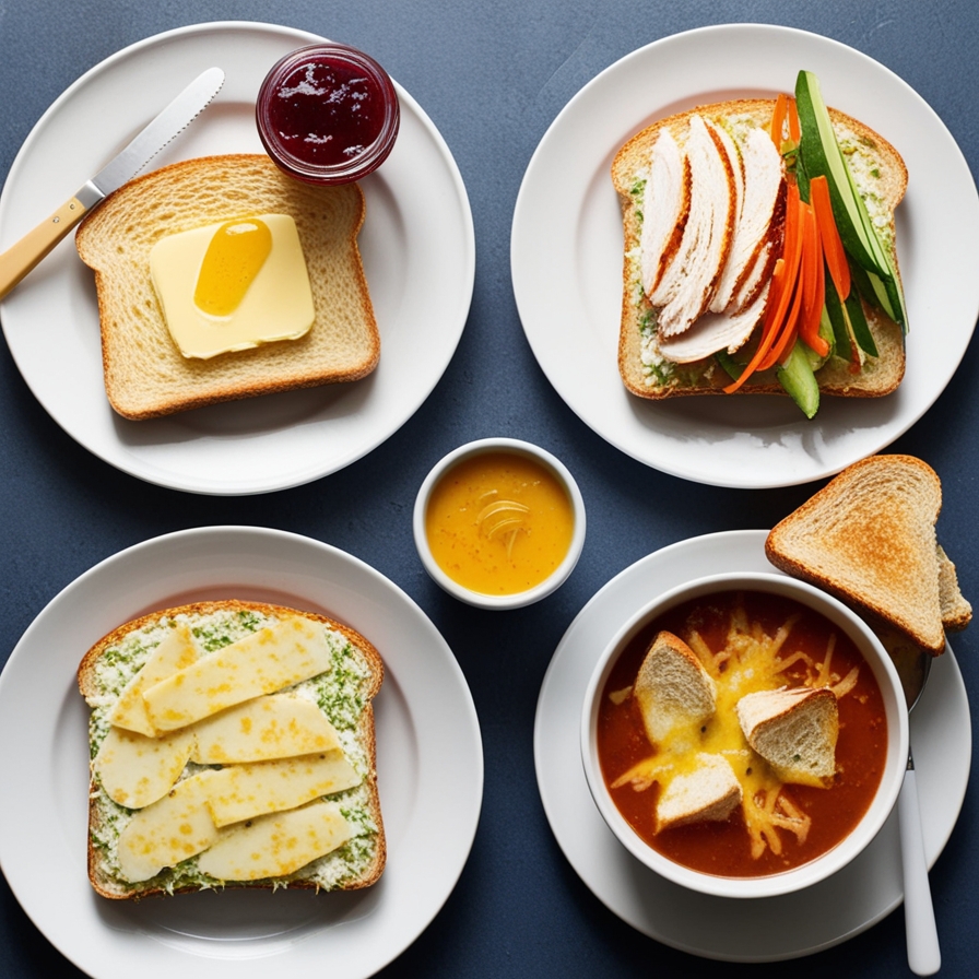 Various serving ideas for cottage cheese bread, including a toasted slice with jam, a savory sandwich, and cheesy toast.