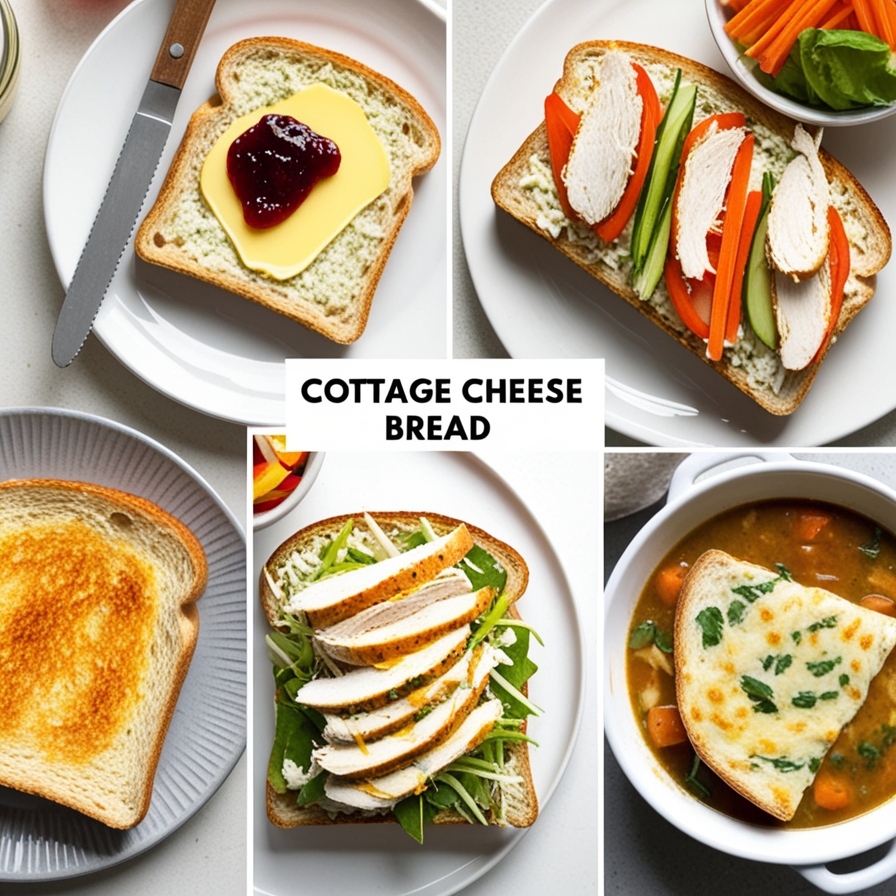 A collage of four cottage cheese bread variations: original herb, cinnamon raisin, garlic herb, and jalapeño cheddar.