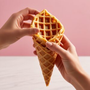 A freshly cooked bubble waffle being folded into a cone shape.