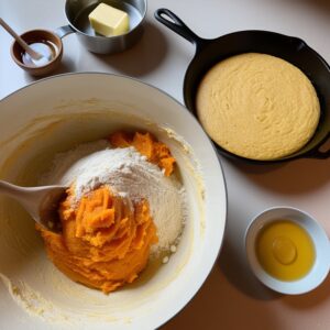 Sweet potato cornbread batter being mixed in a bowl with ingredients arranged on the counter.