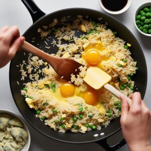 Scrambling eggs into rice for Hibachi-style fried rice.