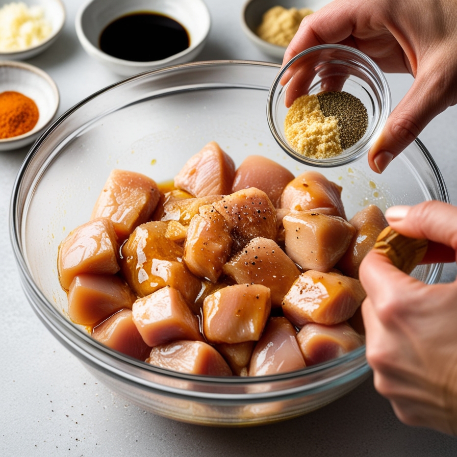 Hands mixing cubed chicken in a bowl with soy sauce marinade and spices.