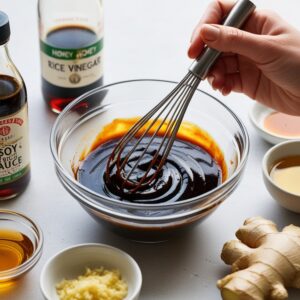 Hands whisking hibachi sauce in a bowl with ingredients nearby.