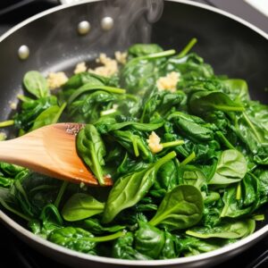 A large skillet on a stove containing wilting spinach leaves. A wooden spoon stirs the spinach, which is glistening with olive oil. Minced garlic is visible among the leaves, and steam rises from the pan.