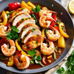 A colorful plate of chicken and shrimp skillet with vegetables, garnished with herbs and lemon wedges.