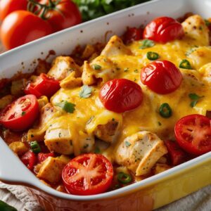 A bubbling casserole dish of Zesty Chicken Rotel with melted cheese, tomatoes, and visible chunks of chicken.