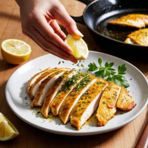 Hand garnishing a plate of golden-brown thin sliced chicken with fresh herbs and lemon.