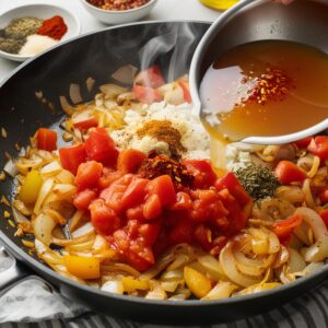 Sauté the vegetables: Add the remaining olive oil to the skillet. Sauté the onions and bell peppers for 3-4 minutes until softened.