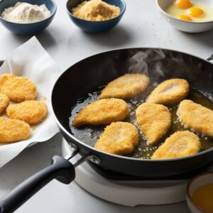 Breadedin cutlets in a skillet, with a plate of cooked cutlets resting on paper towels nearby.