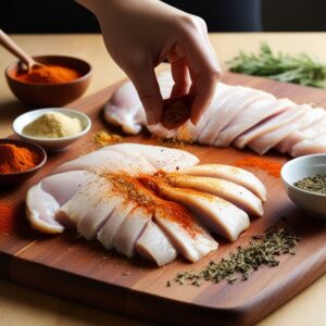 Hands seasoning raw thin sliced chicken on a cutting board with various spices visible.