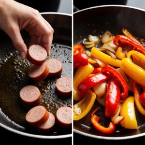 Split image of searing sausage slices and sautéing bell peppers and onions in a skillet