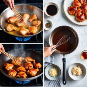 Split-screen image showing chicken cooking in a skillet and teriyaki sauce being prepared in a saucepan, with ingredients visible.