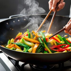 Hands stir-frying colorful vegetables in a wok with chopsticks.