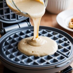 Batter being poured into a bubble waffle maker, ready to cook.
