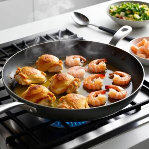 In the same skillet, the shrimp and chicken cook