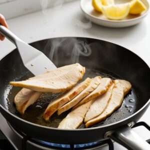 Chef's hands cooking golden-brown thin sliced chicken in a skillet