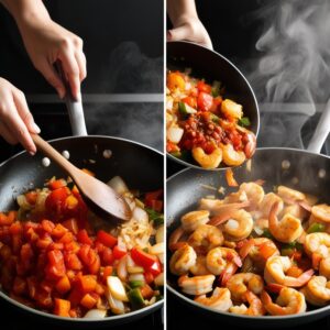 Split view of combining sautéed vegetables with sauce and adding cooked chicken and shrimp back to the skillet.