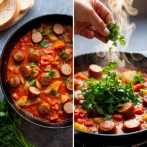 Split view of simmering sausage skillet and final garnishing with fresh parsley.