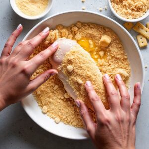 hands pressing the egg-coated chicken fillet into the Ritz cracker crumb mixture.