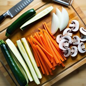 Freshly cut vegetables for Hibachi on a wooden cutting board.