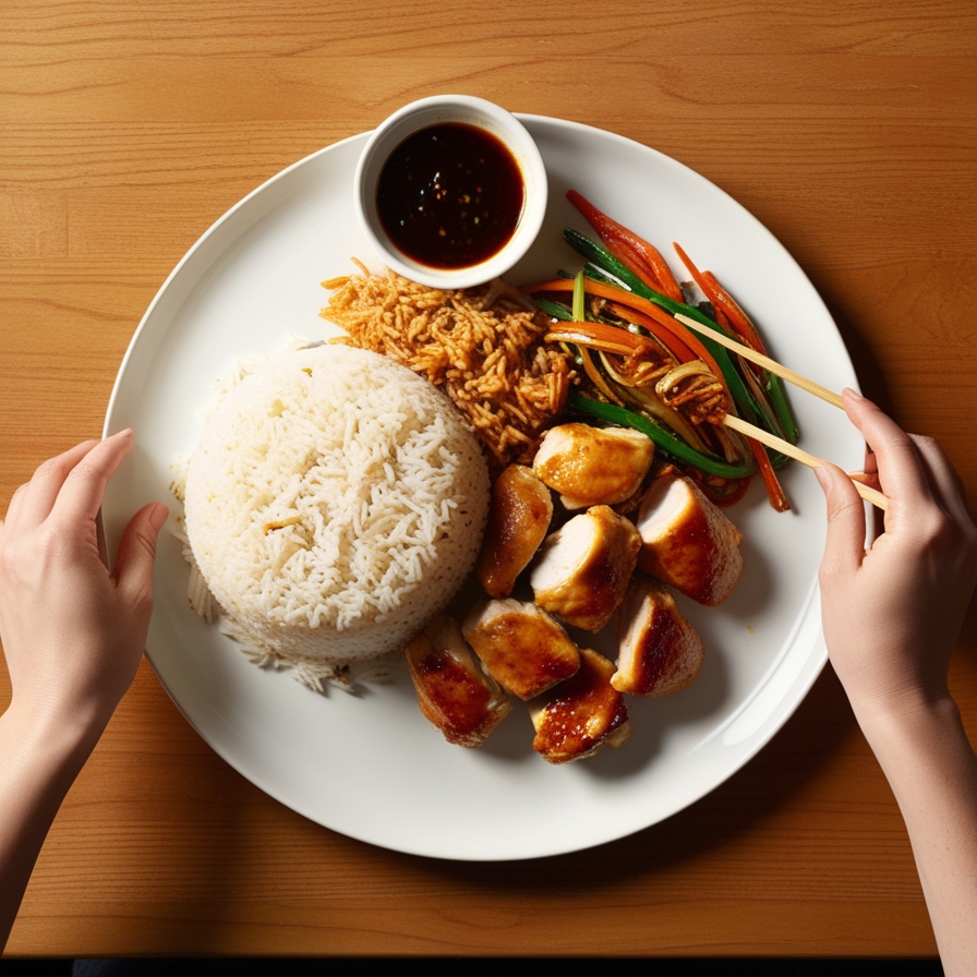 Hands assembling Chicken Hibachi on a plate with rice, chicken, and vegetables.