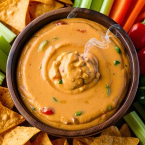 Creamy, golden Smoked Queso Dip in a wooden bowl, surrounded by tortilla chips, breadsticks, and vegetable crudités.