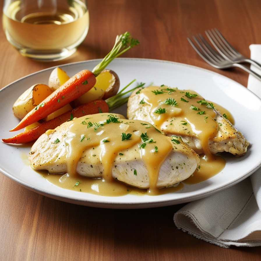 golden-brown fillets drizzled with a rich, creamy gravy and some carrots and potatoes