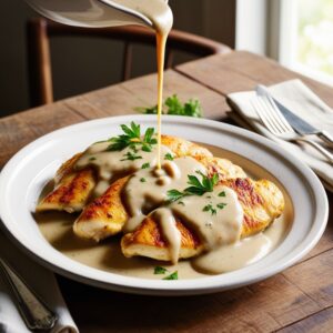 golden-brown fillets drizzled with a rich, creamy gravy.