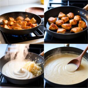 Split image of browning chicken and preparing creamy Rotel sauce for Zesty Chicken Rotel.