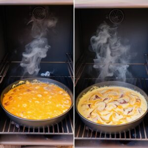The uncovered pan of queso back in the smoker, now bubbling gently. Show the mixture more uniformly melted, with swirls of different cheeses visible.